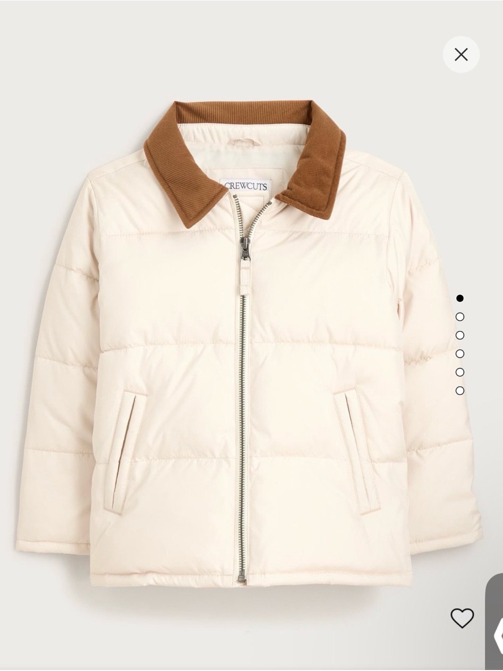 J. Crew Cream Puffer Barn Jacket With Brown Corduroy Collar Unisex